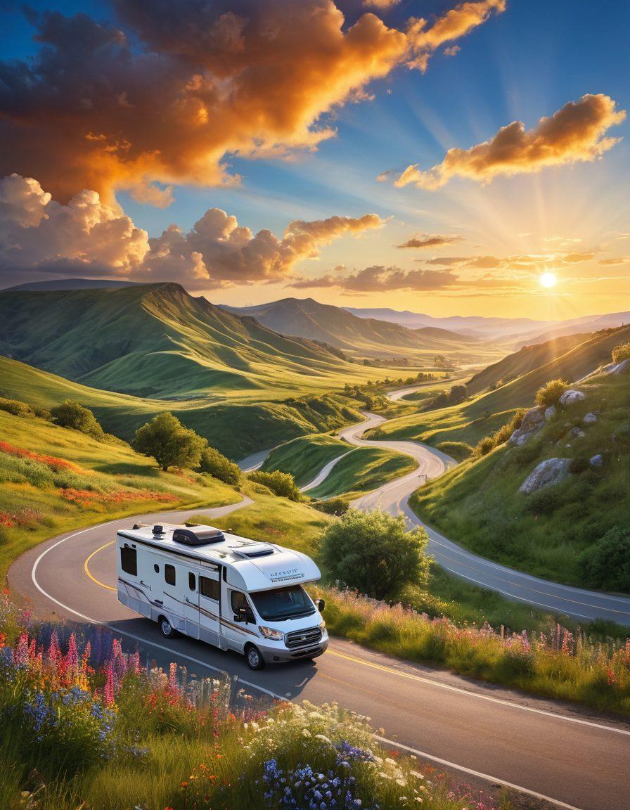 A vibrant summer landscape featuring a winding scenic road surrounded by lush green hills and colorful wildflowers, with a stylish RV parked near a picturesque lookout point. In the distance, a bright blue sky with fluffy white clouds and a glowing sun casting warm light on the scene. Adventurers are enjoying a picnic nearby, capturing the spirit of road trip freedom. super-realistic. vibrant colors. 3D.