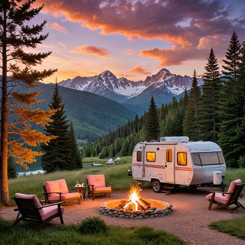 A scenic summer road adventure featuring a vibrant RV amidst lush green landscapes, with a glamping setup including a stylish tent, cozy furnishings, and twinkling fairy lights. The sun is setting, casting a warm glow over the scene, with a winding road leading to distant mountains. Include a family joyfully setting up a campfire nearby, creating a welcoming atmosphere. super-realistic. vibrant colors. summer vibes.