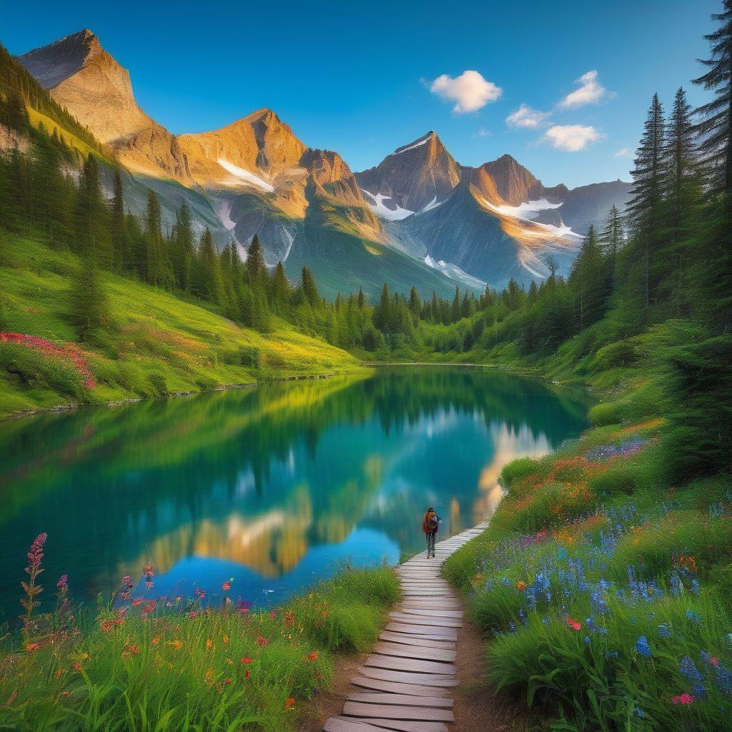 A breathtaking landscape showcasing a lush green forest, majestic mountains in the background, and a serene lake reflecting the sky. In the foreground, enthusiastic hikers explore the trails, capturing the essence of adventure. Bright flowers bloom along the path, and birds fly overhead, creating a vibrant scene that invites exploration. vibrant colors. super-realistic. nature photography.